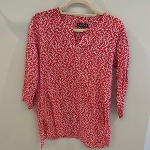 KikiSol red & white beach coral type pattern, coverup, tunic, lightwt, size M